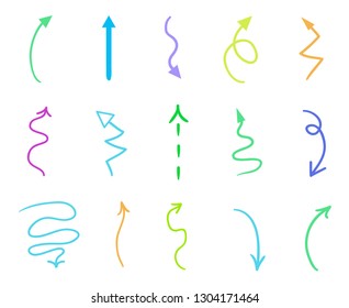 Hand drawn colored shapes on white. Abstract arrows. Line art. Set of different signs. Colorful illustration. Doodles for artwork