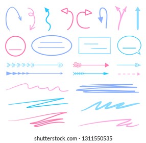 Hand drawn colored shapes on white. Abstract frameworks and arrows. Line art. Set of different signs. Colorful illustration. Doodles for artwork
