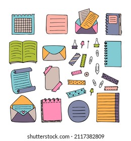 Hand drawn colored sheets of paper, documents, envelopes, notebook. Stationery. Blank notes. Vector illustration