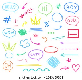Hand drawn colored signs on white. Abstract arrows. Line art. Set of different shapes. Colorful illustration. Sketchy doodles for artwork