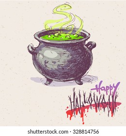 Hand drawn colored sketch of black witch cauldron on paper textured  background. Happy halloween lettering. Vector vintage line art illustration of dishes. Decorative element for your design.
