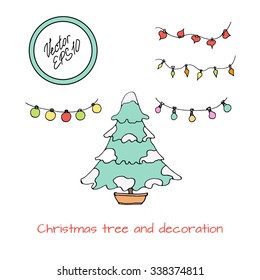 Hand drawn colored sketch of Christmas tree covered with snow. Christmas decoration, new year lights. Vector illustration. Funny kids style. 