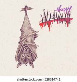Hand drawn colored sketch of cute bat on paper textured  background. Happy halloween lettering. Vector vintage line art illustration of wild animal. Decorative element for your halloween design.
