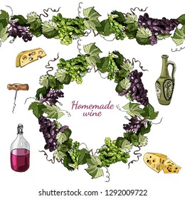 Hand drawn colored  sketch different of wine product objects,endless brush and wreath  of grape twig isolated on white  background.Vector illustration.