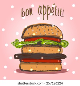 Hand drawn colored sketch hamburger with title in french means "enjoy your meal"