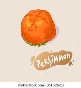 Hand drawn colored sketch of persimmon on paper textured background. Vector vintage line art illustration of fruit for your design. Drawing of natural food. 
