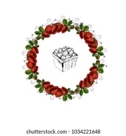 Hand drawn colored sketch with wreath and basket of strawberries isolated on white background.. vector illustration
