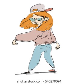 Hand drawn colored sketh yong girl in cap vector iluustration 