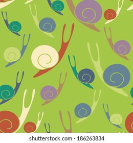 hand drawn colored small and big snails seamless pattern
