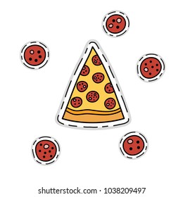 Hand drawn colored sticker of pizza slice and pepperoni isolated on white background.