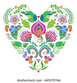 Hand drawn  Colored Stylized Heart of flowers. Vector Illustration in doodle style. Sketch for greeting card, tattoo, t-shirt design