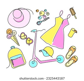 Elementos de diseño de verano coloreados a mano aislados en fondo blanco