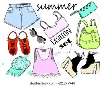 Hand drawn colored summer fashion set