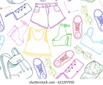 Hand drawn colored summer fashion set. Vector seamless pattern