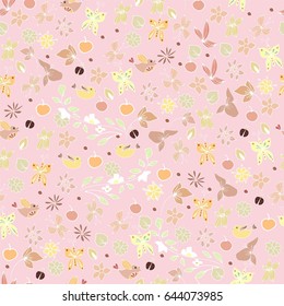 Hand drawn colored summer seamless pattern with flowers branches apples birds butterflies and ladybugs vector illustration