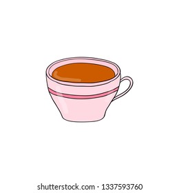 Hand drawn colored tea in pink cup isolated on white background.