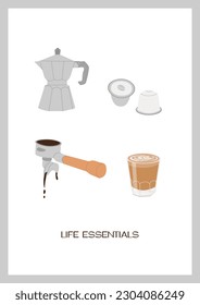 Hand drawn colored trendy minimalist poster with coffee portafilter, moka pot, capsules and hot freshly brewed specialty coffee latte. Wall art vertical print with text. Vector flat style illustration