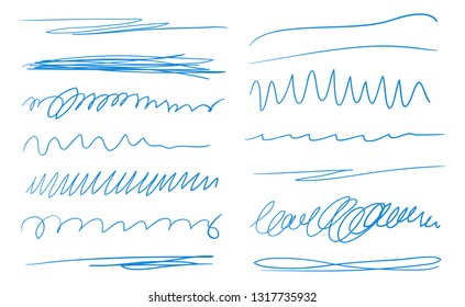 Hand drawn colored underlines on white. Abstract backgrounds with array of lines. Stroke chaotic patterns. Colorful illustration. Sketchy elements for posters and flyers