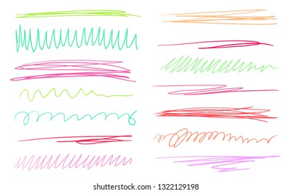 Handgezeichnete farbige Unterstriche auf Weiß. Abstrakte Hintergründe mit vielen Linien. Schlagt chaotische Muster auf. Farbige Illustration. Skizzenelemente für Poster und Flyer