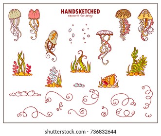 Hand drawn colored undersea elements for design. Jellyfishes, plants, seaweeds, corals, shells, water bubbles, wave scroll lines