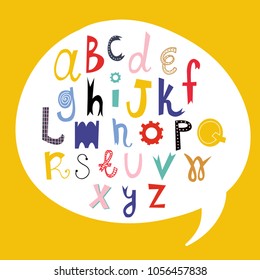 Hand drawn colored vector alphabet in speech bubble. Every letter is isolated
