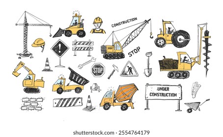 Hand drawn colored vector doodle sketch of various heavy construction vehicles, including cranes, excavators, trucks, and loaders on white background.