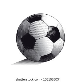 Hand drawn colored vector illustration with soccer or football ball, in engraved outline style