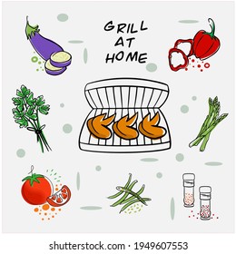 Hand drawn colored vector illustration of chicken wings and  vegetables for grill at home.  Barbecue at home during quarantine. 