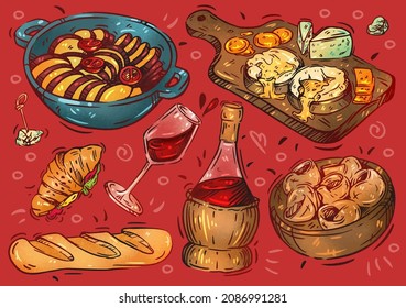 Hand drawn colored vector illustration food. Doodle French cuisine: ratatouille, blue cheese, wine, baguette,  snails, croissant, grill meat.