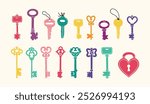 Hand drawn colored vector Keys. Doodle various vintage, modern and cute isolated keys. Different types, sizes. Vector illustration