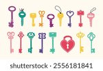 Hand drawn colored vector Keys. Doodle various vintage, modern and cute isolated keys. Different types, sizes. Vector illustration