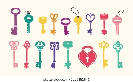 Hand drawn colored vector Keys. Doodle various vintage, modern and cute isolated keys. Different types, sizes. Vector illustration