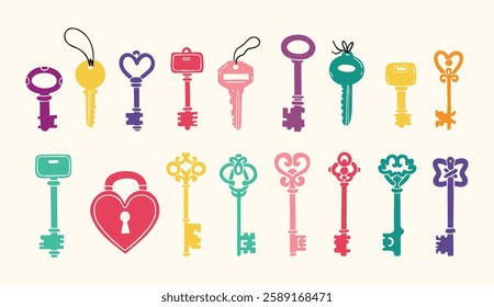 Hand drawn colored vector Keys. Doodle various vintage, modern and cute isolated keys. Different types, sizes. Vector illustration