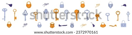 Hand drawn colored Vector Keys and Locks. Various vintage, antique and modern Keys and locks. Different types, sizes. All elements are isolated