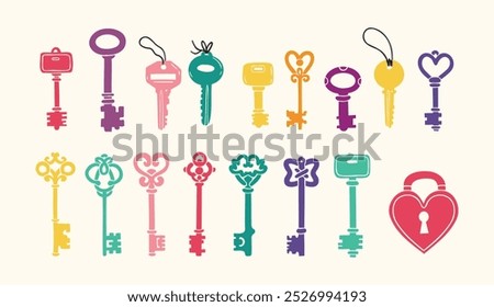 Hand drawn colored vector Keys. Doodle various vintage, modern and cute isolated keys. Different types, sizes. Vector illustration