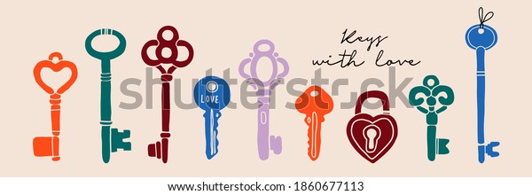 Hand drawn colored Vector Keys. Various vintage, antique and modern Keys with ornate heads. Different types, sizes. All elements are isolated