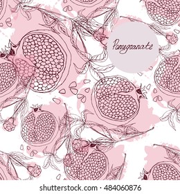 Hand drawn colored vector pomegranate, branch with flower and seeds isolated on white. Image for design cards, invitations, flyers, Wallpapers, booklets, posters, recipes. EPS10. Seamless pattern.