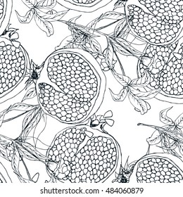 Hand drawn colored vector pomegranate, branch with flower and seeds isolated on white. Image for design cards, invitations, flyers, Wallpapers, booklets, posters, recipes. EPS10. Seamless pattern.