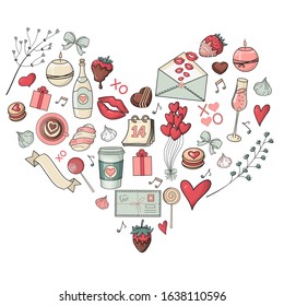 Hand drawn colored vector romantic symbols of Valentine's Day form heart shape isolated on white background. Suitable for party, romantic event, cards, invitations, gifts.