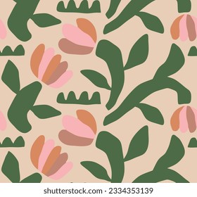 Hand drawn colored Vector Seamless Pattern. Background. Floral design, Abstract plants. Simple Various branches, Flowers and Leaves. Colorful trendy illustration. Naive art, Infantile Style Art.