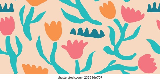 Hand drawn colored Vector Seamless Pattern. Background. Floral design, Abstract plants. Simple Various branches, Flowers and Leaves. Colorful trendy illustration. Naive art, Infantile Style Art.