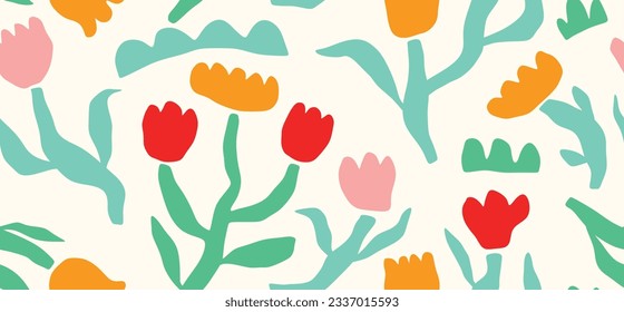 Hand drawn colored Vector Seamless Pattern. Background. Floral design, Abstract plants. Simple Various branches, Flowers and Leaves. Colorful trendy illustration. Naive art, Infantile Style Art.