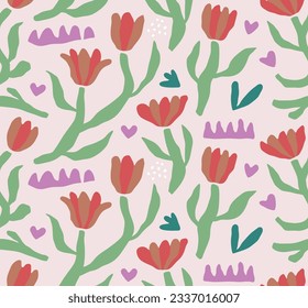 Hand drawn colored Vector Seamless Pattern. Background. Floral design, Abstract plants. Simple Various branches, Flowers and Leaves. Colorful trendy illustration. Naive art, Infantile Style Art.