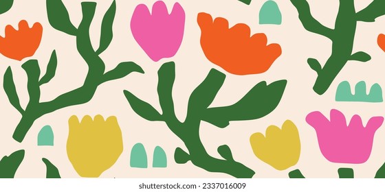 Hand drawn colored Vector Seamless Pattern. Background. Floral design, Abstract plants. Simple Various branches, Flowers and Leaves. Colorful trendy illustration. Naive art, Infantile Style Art.