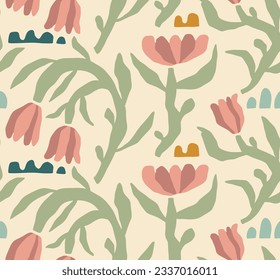 Hand drawn colored Vector Seamless Pattern. Background. Floral design, Abstract plants. Simple Various branches, Flowers and Leaves. Colorful trendy illustration. Naive art, Infantile Style Art.