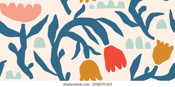 Hand drawn colored Vector Seamless Pattern. Background. Floral design, Abstract plants. Simple Various branches, Flowers and Leaves. Colorful trendy illustration. Naive art, Infantile Style Art.