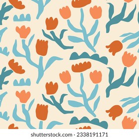 Hand drawn colored Vector Seamless Pattern. Background. Floral design, Abstract plants. Simple Various branches, Flowers and Leaves. Colorful trendy illustration. Naive art, Infantile Style Art.