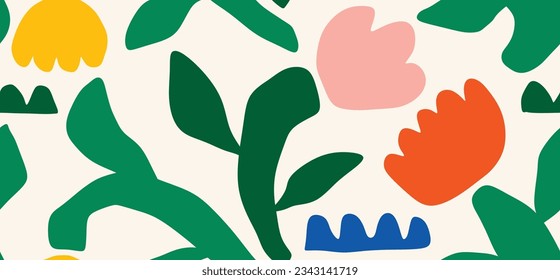 Hand drawn colored Vector Seamless Pattern. Background. Floral design, Abstract plants. Simple Various branches, Flowers and Leaves. Colorful trendy illustration. Naive art, Infantile Style Art.