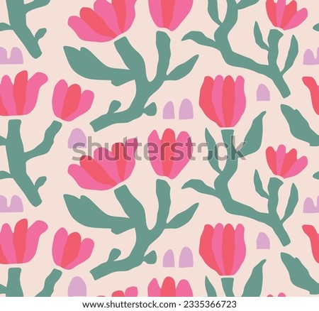 Hand drawn colored Vector Seamless Pattern. Background. Floral design, Abstract plants. Simple Various branches, Flowers and Leaves. Colorful trendy illustration. Naive art, Infantile Style Art.