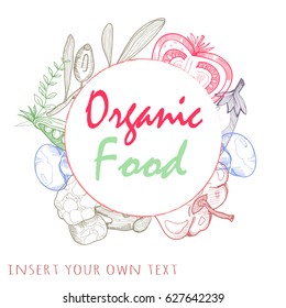 Hand drawn colored vegetables. Graphic vector logo (frame). Insert your own text